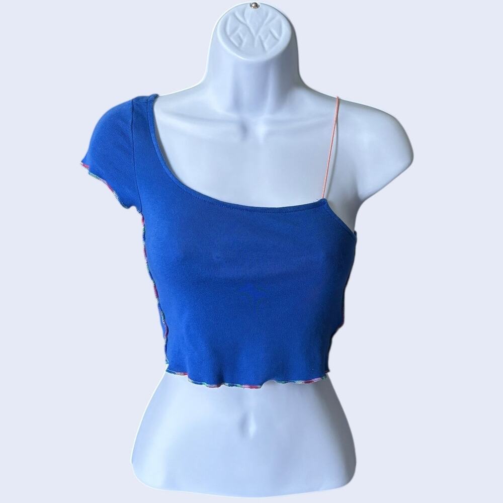 Silence + Noise Asymmetrical One Shoulder Crop Top Blue XS Y2K Fitted